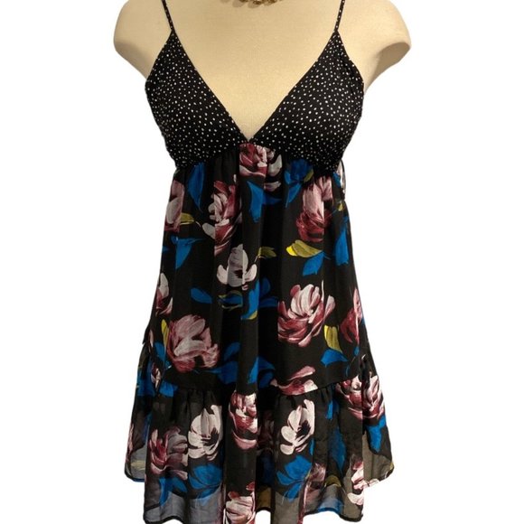 FOREVER 21 Mini Dress Size Medium Lined Floral and Dots Spaghetti Straps - Picture 1 of 11
